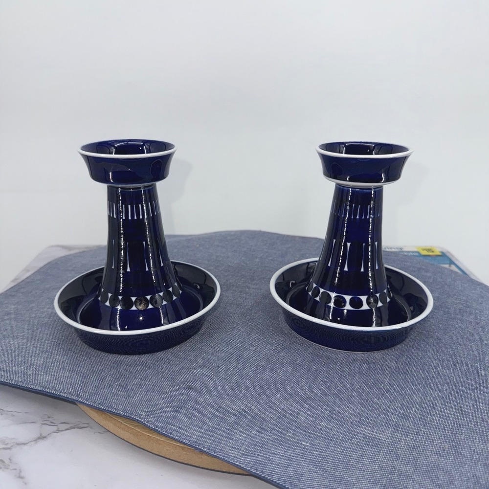 Arabia Finland Valencia Candle Sticks Set 2 Ulla Procope Blue White Hand Painted